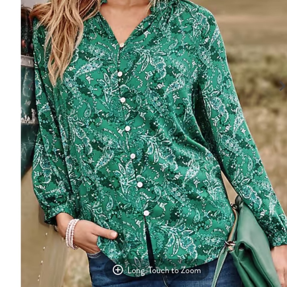 J. Jill Green Teal Paisley Button Front Boho Peasant Blouse Top Size Small - Picture 2 of 9